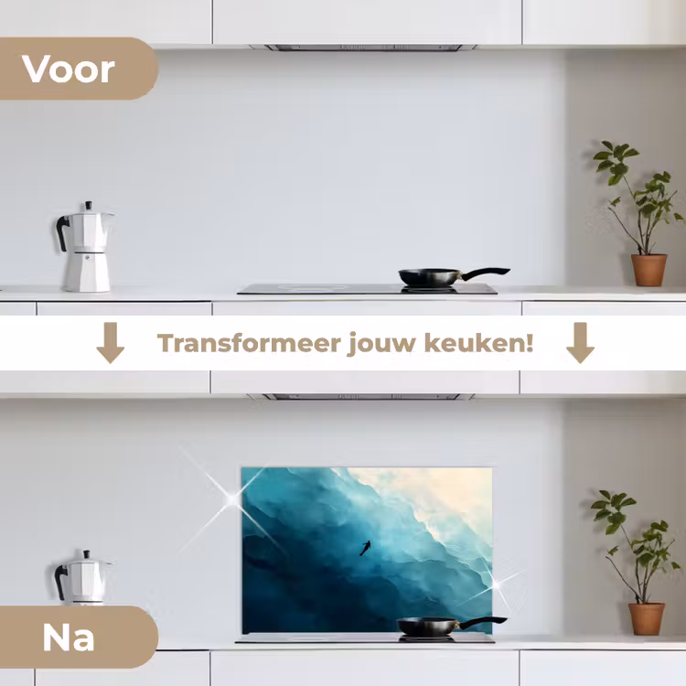 Zee - Silhouet - Abstract - Blauw keuken achterwand spatscherm klein -voor_na_NL