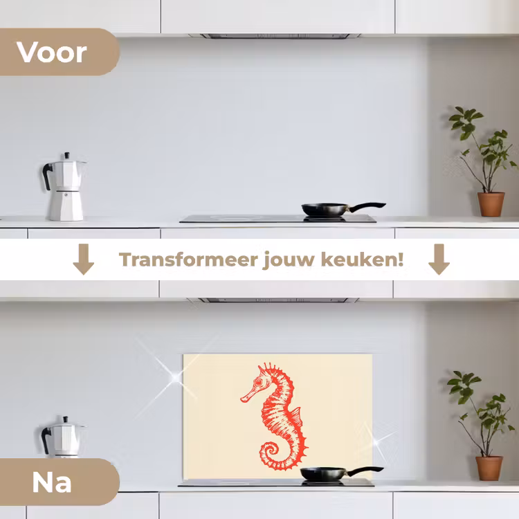 Zeepaardje - Rood - Fijne details keuken achterwand spatscherm klein -voor_na_NL