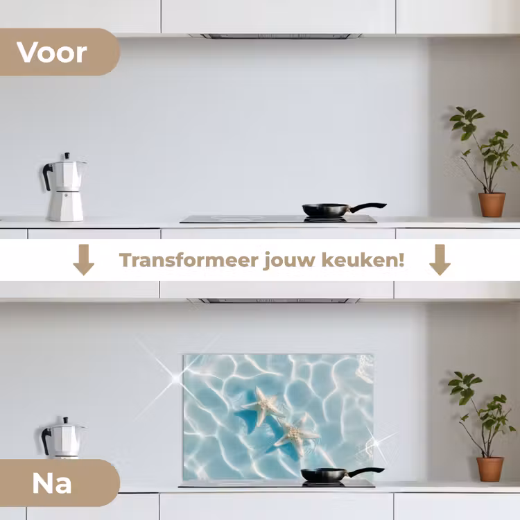 Zeesterren - Golvend water - Rustgevend keuken achterwand spatscherm klein -voor_na_NL