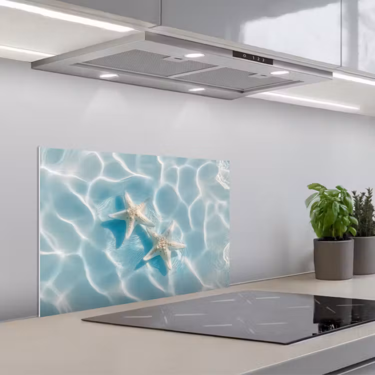 Zeesterren - Golvend water - Rustgevend keuken achterwand spatscherm klein -3d_schuin