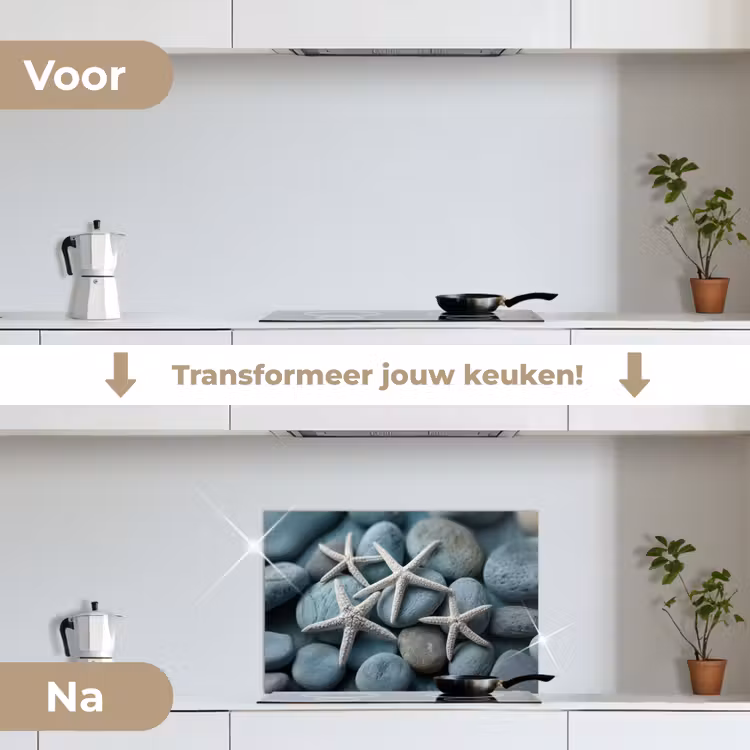 Zeesterren - Stenen - Wit keuken achterwand spatscherm klein -voor_na_NL
