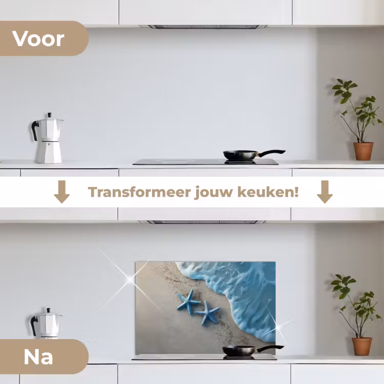 Zeesterren - Zand - Zee - Blauw keuken achterwand spatscherm klein -voor_na_NL