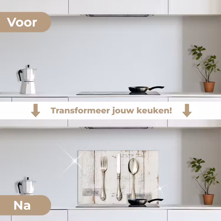 Zilver - Bestek - Hout keuken achterwand spatscherm klein -voor_na_NL
