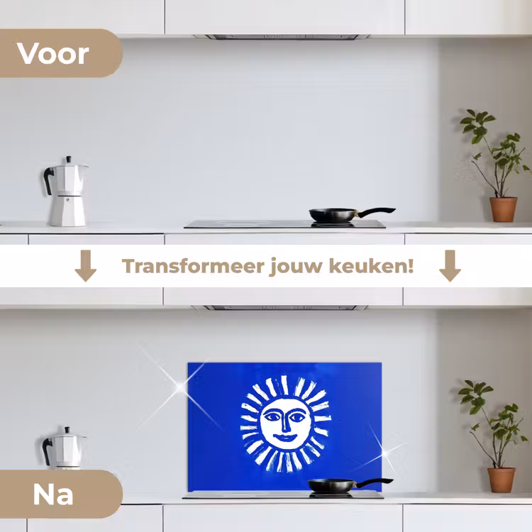 Zon - Gezicht - Penseelstructuur - Blauw keuken achterwand spatscherm klein -voor_na_NL