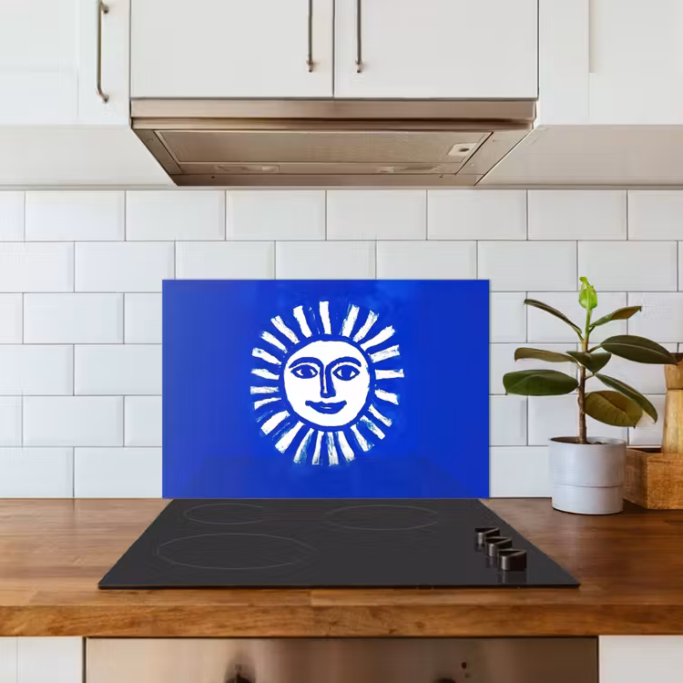 Zon - Gezicht - Penseelstructuur - Blauw keuken achterwand spatscherm klein -sfeer2