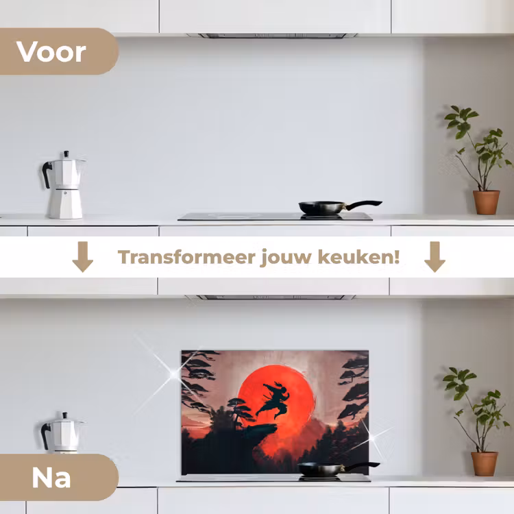 Zon - Krijger - Bomen - Bergen keuken achterwand spatscherm klein -voor_na_NL