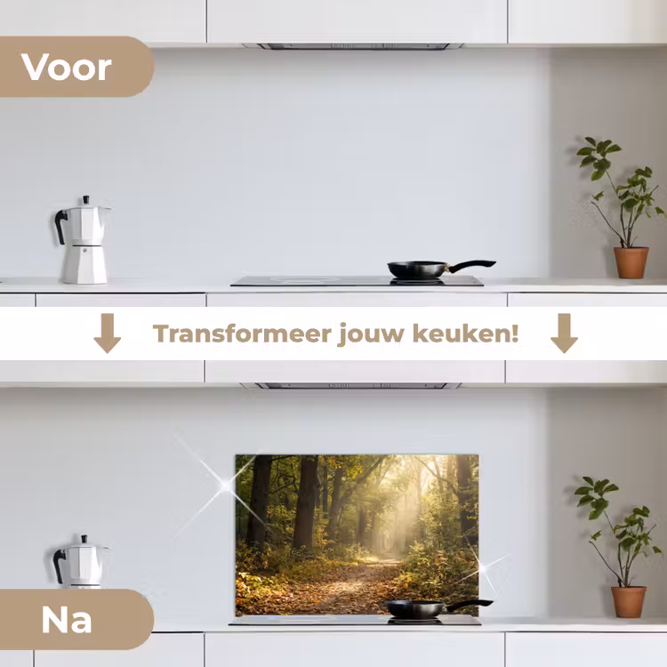 Zonlicht - Bospad - Bomen keuken achterwand spatscherm klein -voor_na_NL