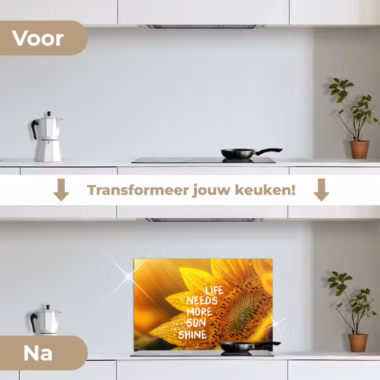 Zonnebloem - Close up - Geel - Quote keuken achterwand spatscherm klein -voor_na_NL