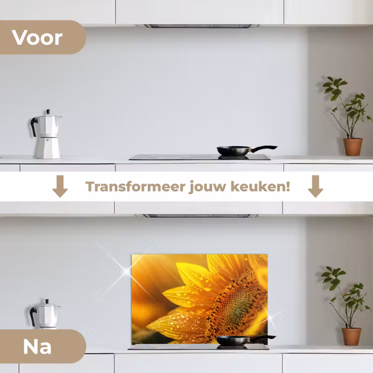 Zonnebloem - Dauwdruppels - Geel - Zonlicht keuken achterwand spatscherm klein -voor_na_NL
