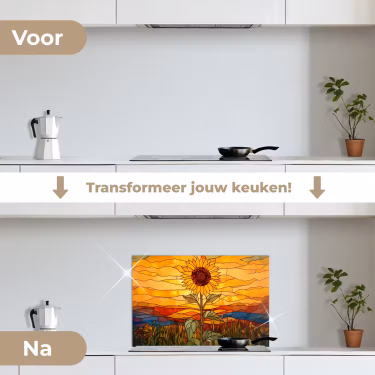 Zonnebloem - Mozaïek - Zonsondergang - Geel keuken achterwand spatscherm klein -voor_na_NL
