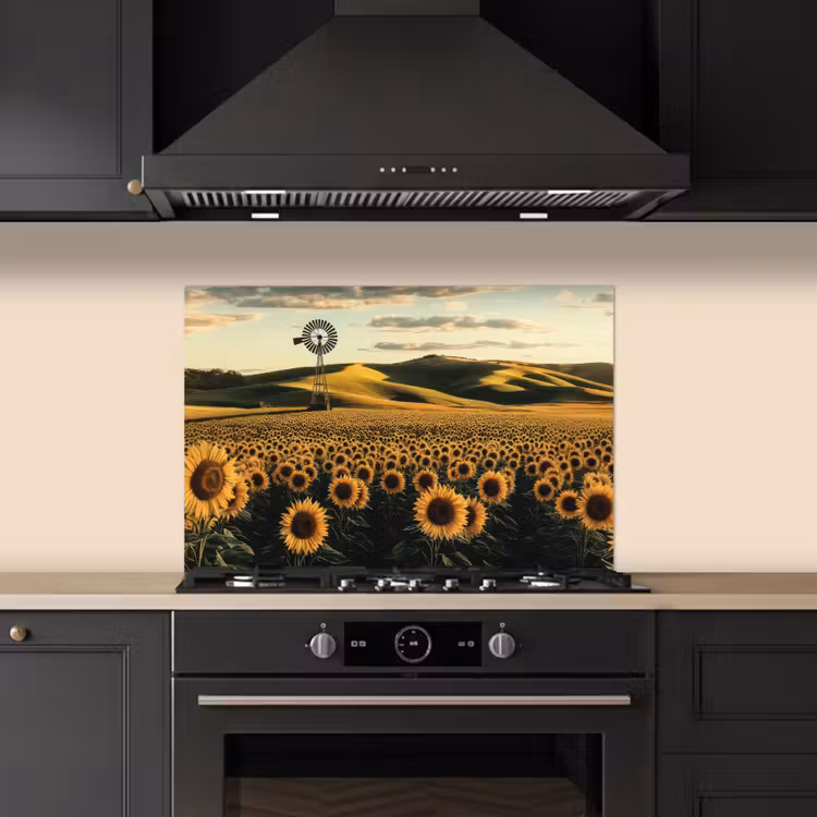 Zonnebloem - Veld - Windmolen keuken achterwand spatscherm klein -sfeer1