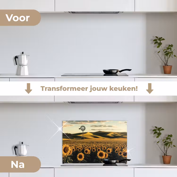 Zonnebloem - Veld - Windmolen keuken achterwand spatscherm klein -voor_na_NL