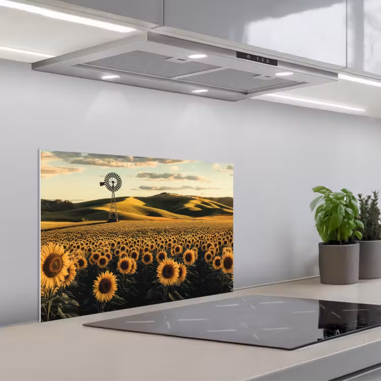 Zonnebloem - Veld - Windmolen keuken achterwand spatscherm klein -3d_schuin