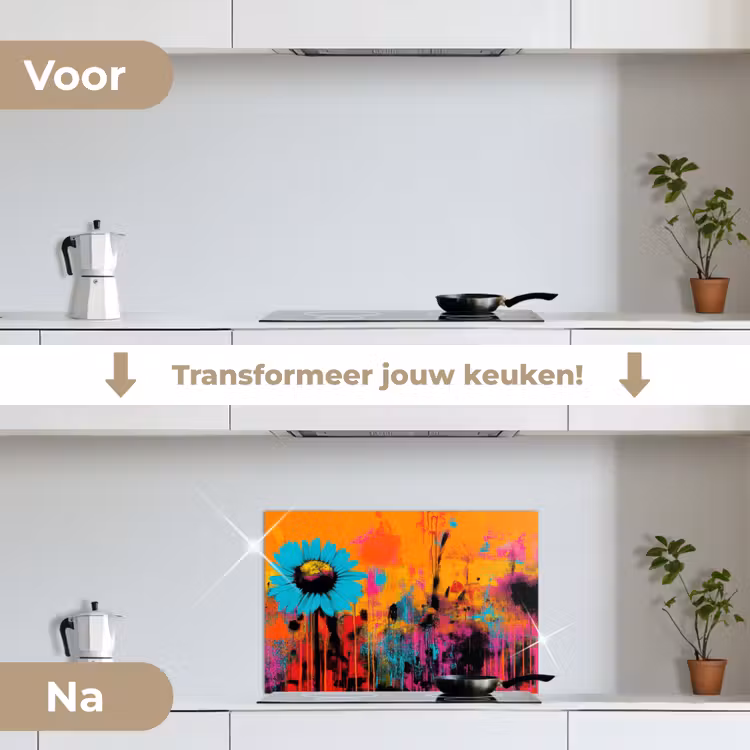 Zonnebloemen - Abstract - Oranje keuken achterwand spatscherm klein -voor_na_NL