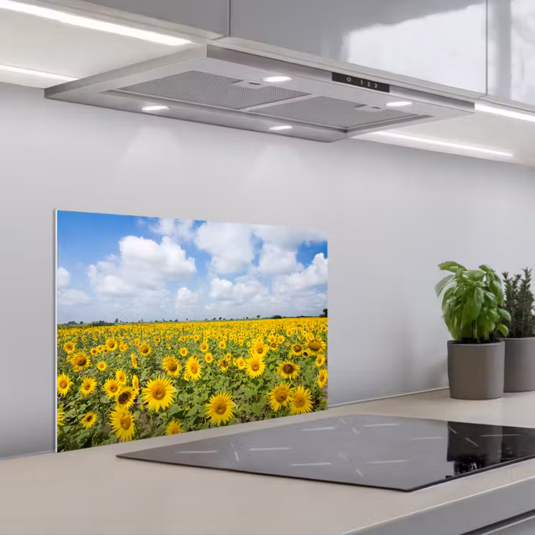 Zonnebloemen - Bloemen - Wolken - Natuur - Geel - Landschap keuken achterwand spatscherm klein -3d_schuin