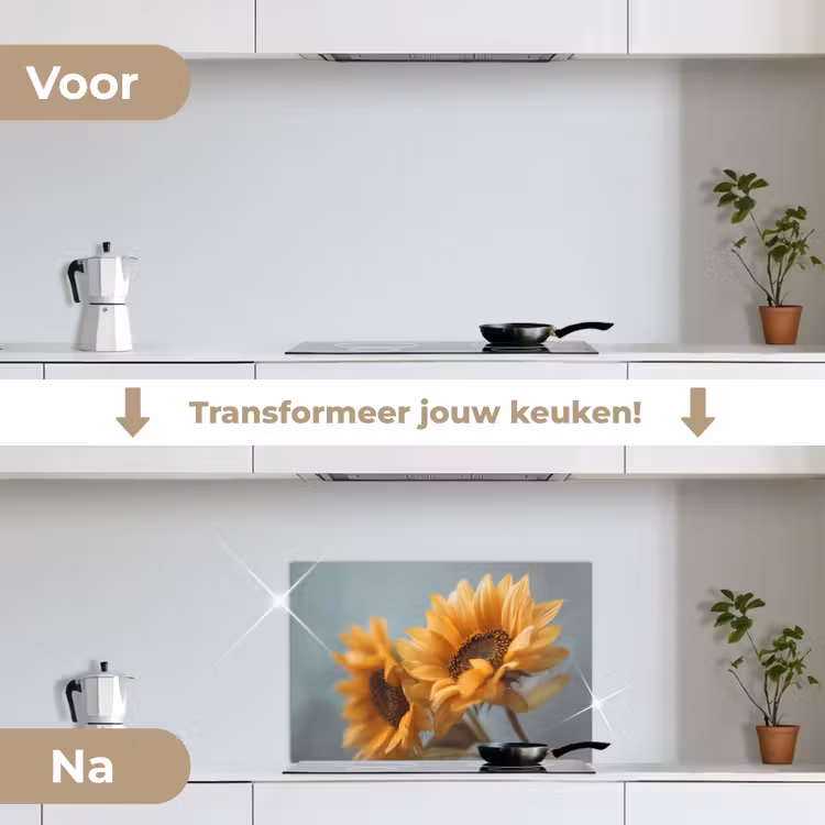 Zonnebloemen - Geel - Wazig keuken achterwand spatscherm klein -voor_na_NL