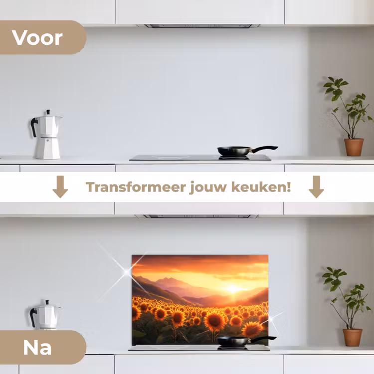 Zonnebloemen - Zonsondergang - Landschap keuken achterwand spatscherm klein -voor_na_NL