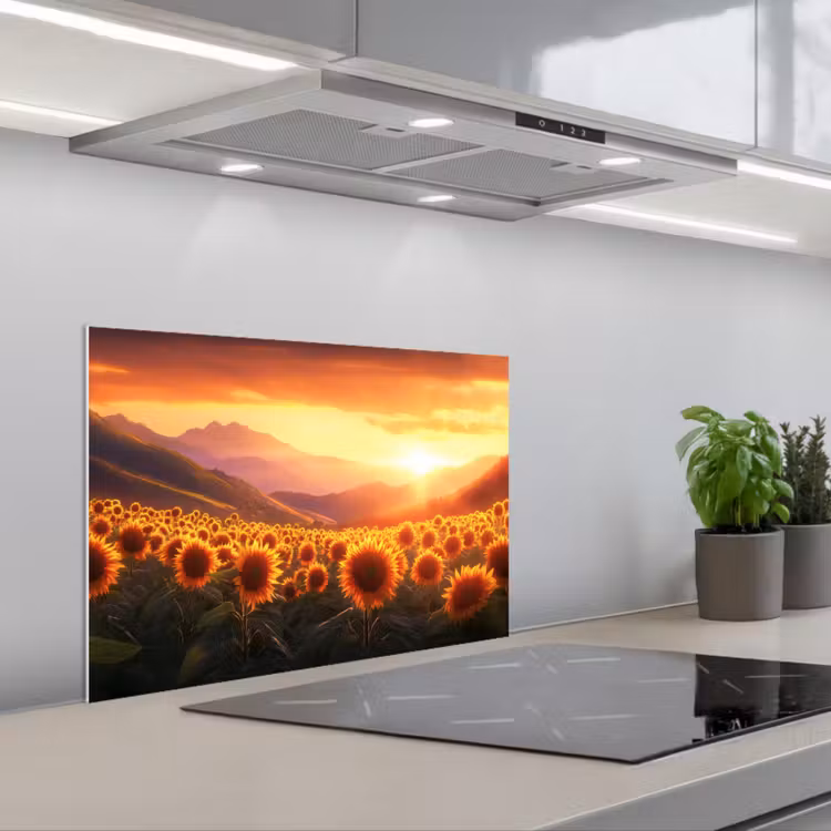 Zonnebloemen - Zonsondergang - Landschap keuken achterwand spatscherm klein -3d_schuin