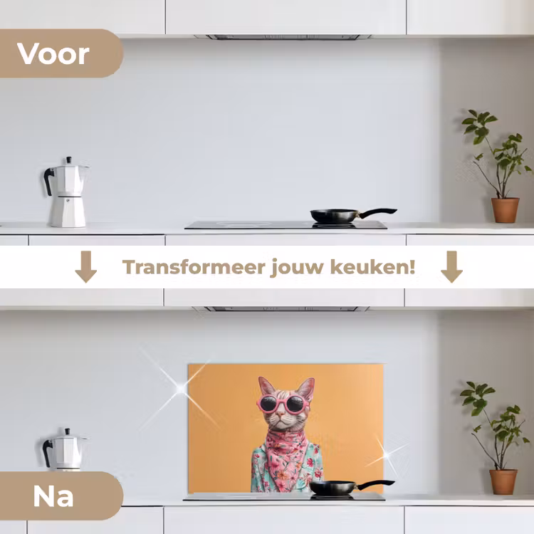 Zonnebril - Kat - Sjaal - Bloemen keuken achterwand spatscherm klein -voor_na_NL