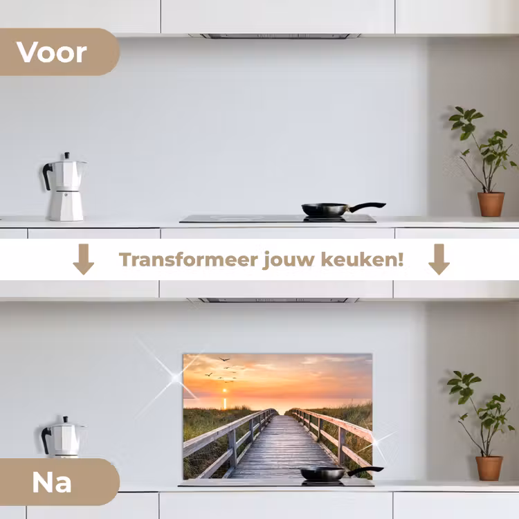 Zonsonderang - Zee - Pad - Gras - Duin - Vogels keuken achterwand spatscherm klein -voor_na_NL