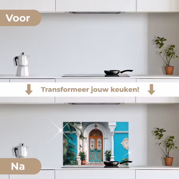 Zuilen - Sierlijke - Deur - Blauw keuken achterwand spatscherm klein -voor_na_NL