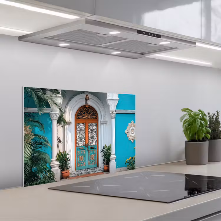 Zuilen - Sierlijke - Deur - Blauw keuken achterwand spatscherm klein -3d_schuin
