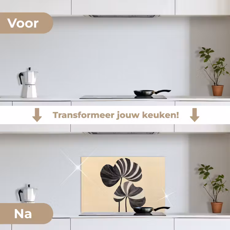 Zwart - Bladeren - Strepen - Minimalistisch keuken achterwand spatscherm klein -voor_na_NL