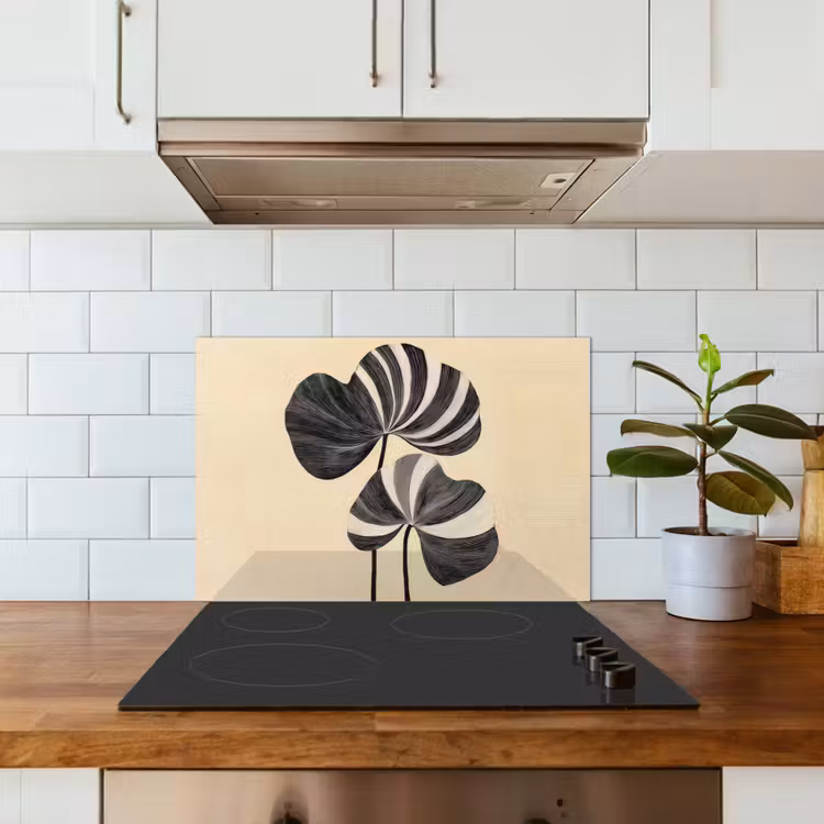 Zwart - Bladeren - Strepen - Minimalistisch keuken achterwand spatscherm klein -sfeer2