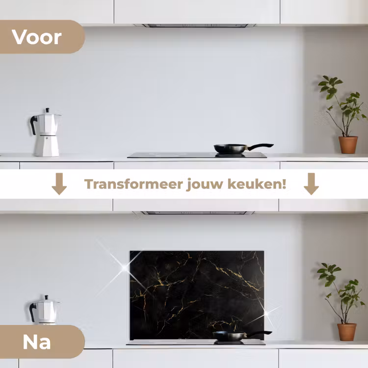 Zwart marmer - Gouden aders - Klassiek keuken achterwand spatscherm klein -voor_na_NL