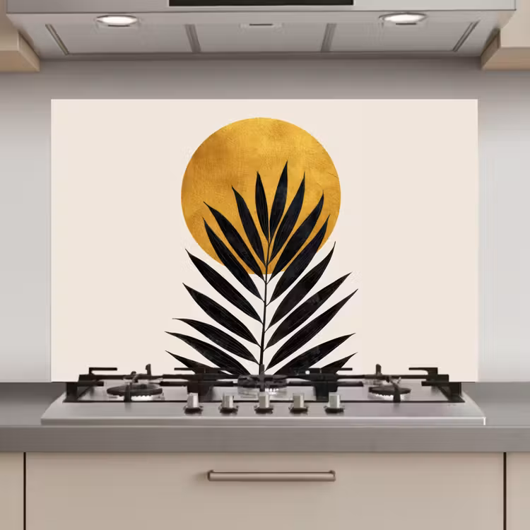 Zwart palmblad - Gouden cirkel - Beige achtergrond keuken achterwand spatscherm klein -3d_website
