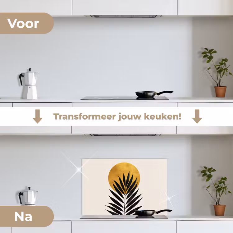 Zwart palmblad - Gouden cirkel - Beige achtergrond keuken achterwand spatscherm klein -voor_na_NL