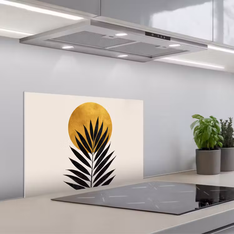Zwart palmblad - Gouden cirkel - Beige achtergrond keuken achterwand spatscherm klein -3d_schuin