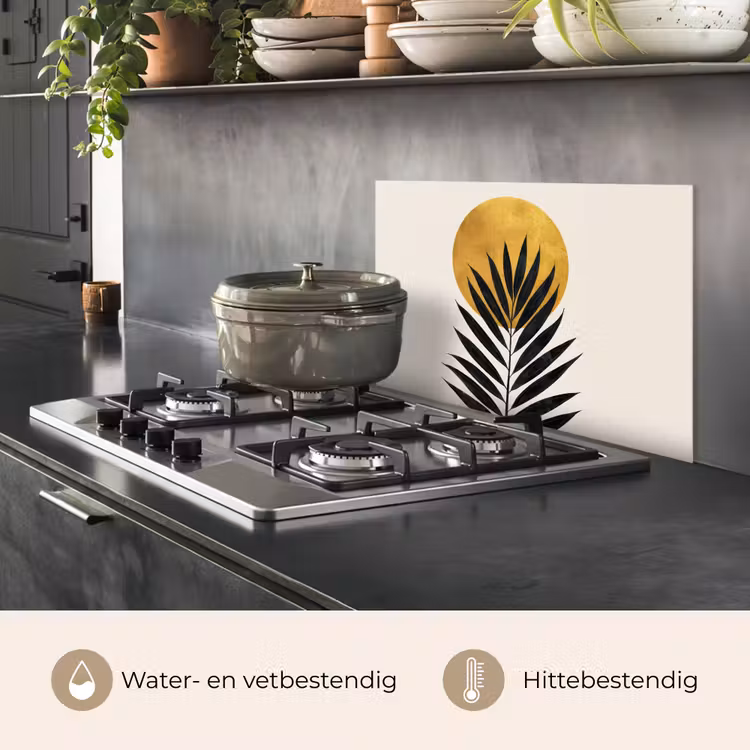 Zwart palmblad - Gouden cirkel - Beige achtergrond keuken achterwand spatscherm klein -usp_NL