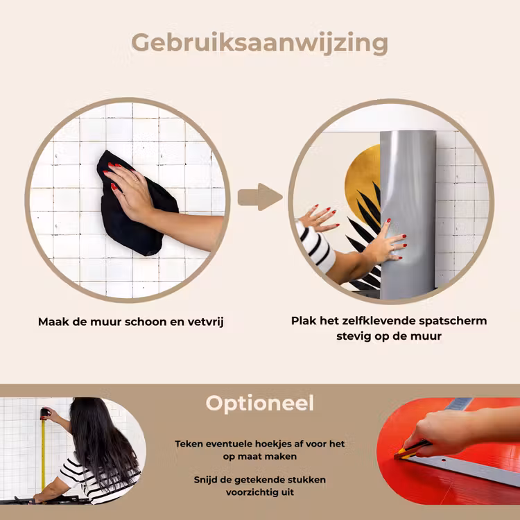 Zwart palmblad - Gouden cirkel - Beige achtergrond keuken achterwand spatscherm klein -gebruiksaanwijzing_NL