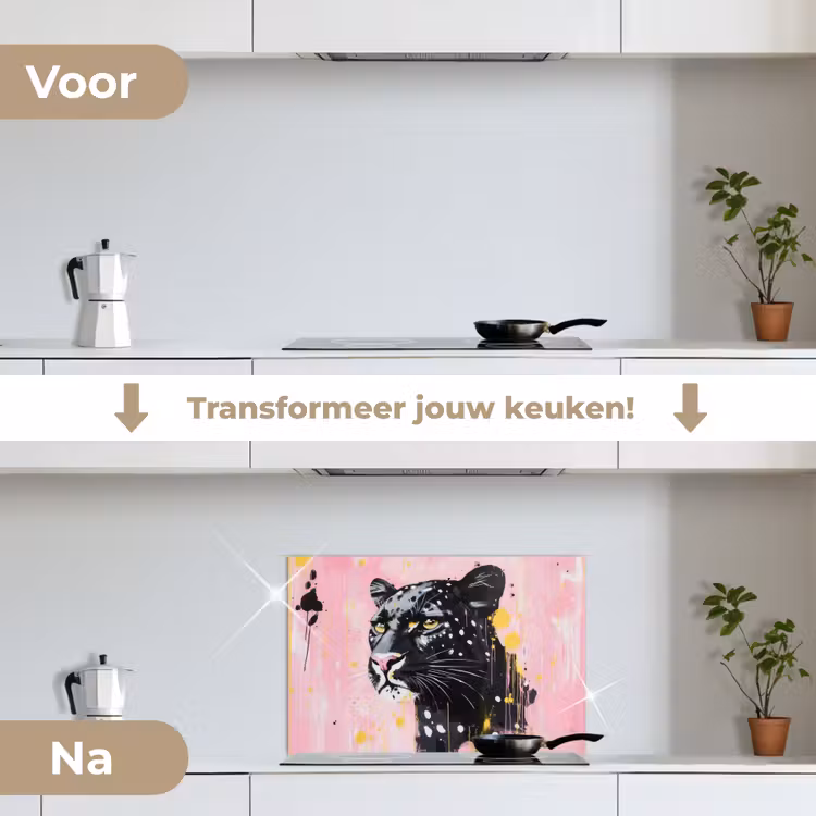 Zwart - Panter - Roze - Abstract keuken achterwand spatscherm klein -voor_na_NL