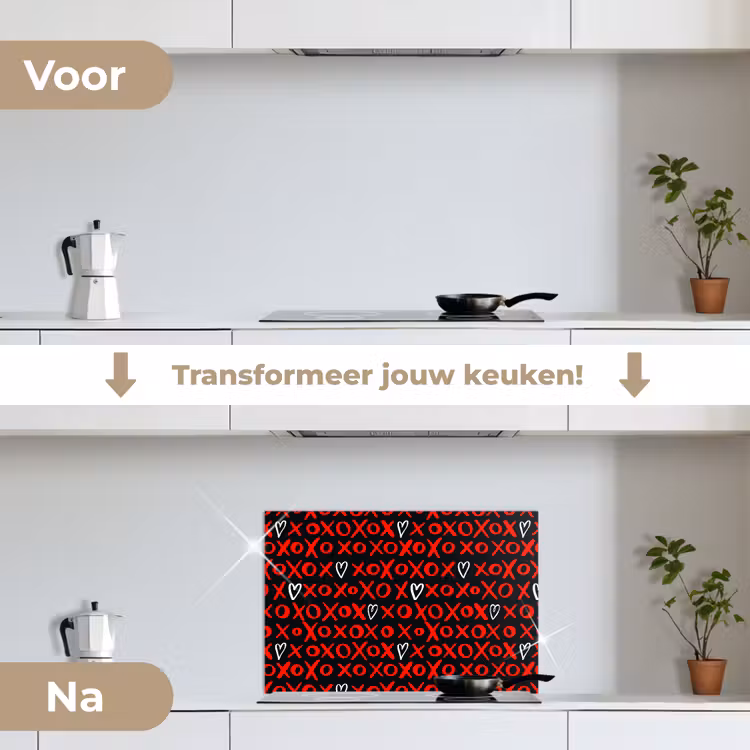 Zwart - Rood - Contrast - Liefde keuken achterwand spatscherm klein 900 -voor_na_NL