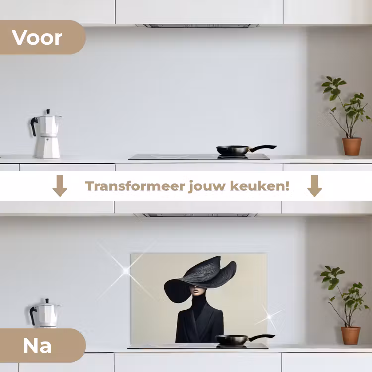 Zwart - Vrouw - Hoed keuken achterwand spatscherm klein -voor_na_NL