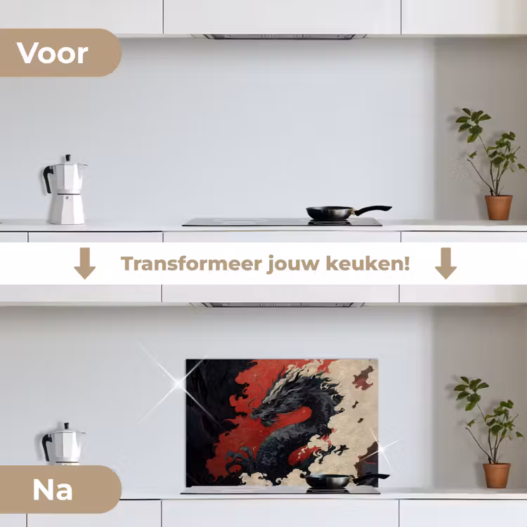 Zwarte draak - Rookwolken - Rood keuken achterwand spatscherm klein -voor_na_NL