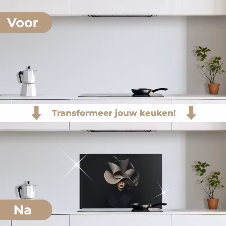 Zwarte - Hoed - Vrouw keuken achterwand spatscherm klein -voor_na_NL