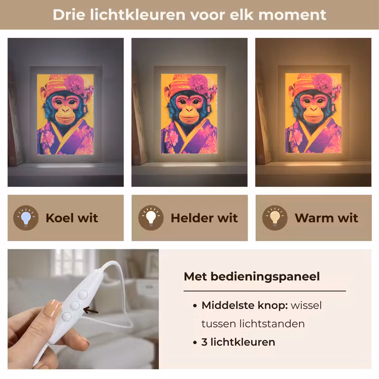 Aap - Kimono - Bloemen - Hoofdtooi Light Box met kabel (Tafellamp) klein -USP_lichtkleurNL