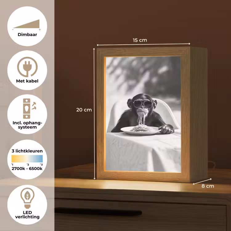 Aap - Spaghetti - Zonnebril - Zwart wit - Cool - Dier Light Box met kabel (Tafellamp) klein -USP_NL