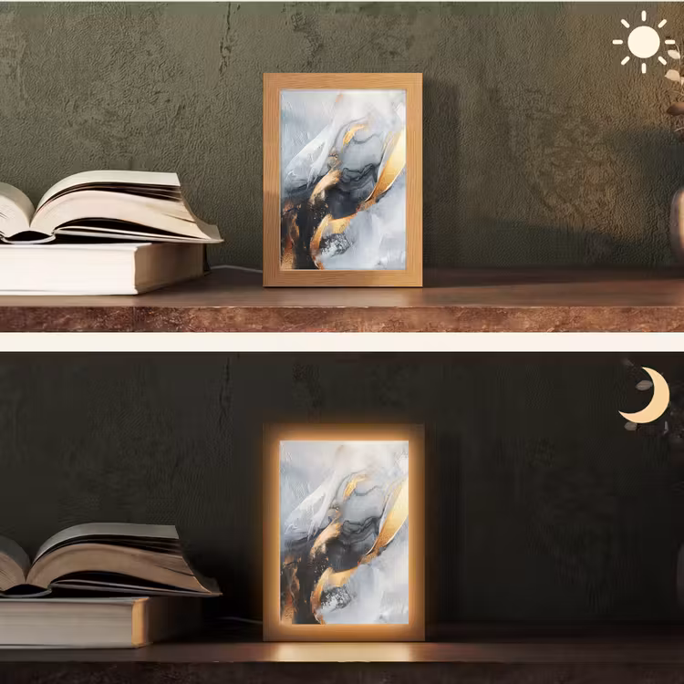 Abstract - Goud - Verf - Aesthetic - Art Light Box met kabel (Tafellamp) klein -sfeer3