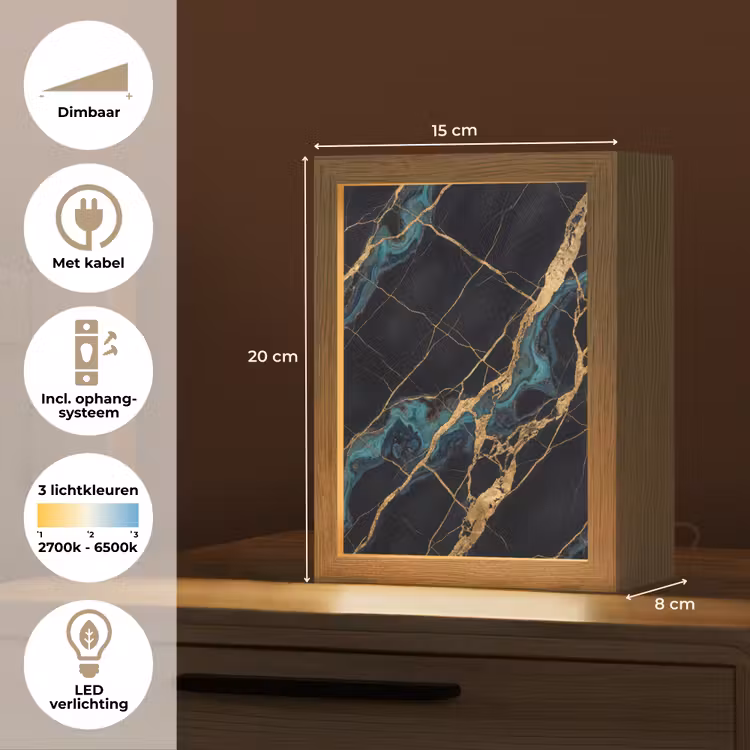 Abstract - Gouden lijnen - Kunst - Modern - Zwart Light Box met kabel (Tafellamp) klein -USP_NL