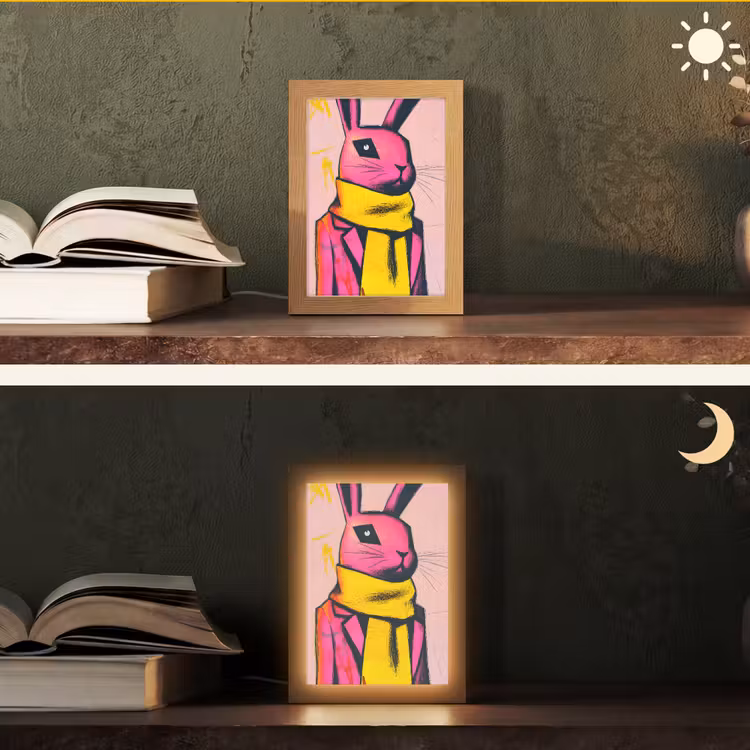Abstract - Konijn - Sjaal - Geel Light Box met kabel (Tafellamp) klein -sfeer3