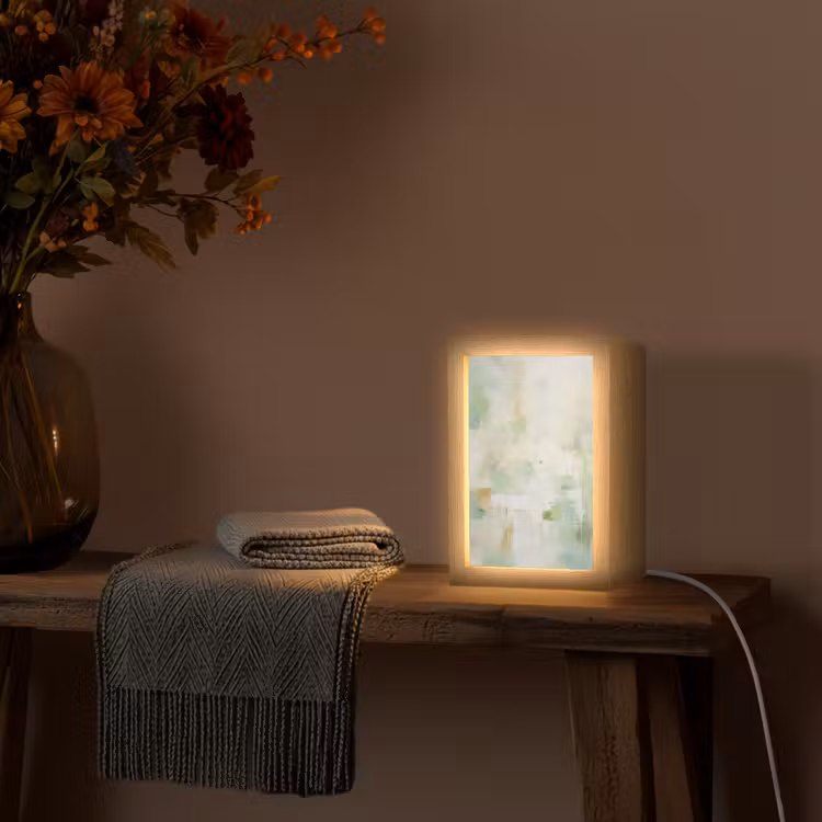 Abstract - Kunst - Wit - Groen - Modern Light Box met kabel (Tafellamp) klein -sfeer4