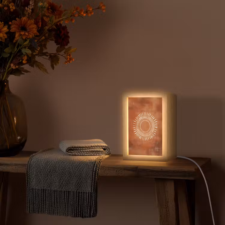 Abstract - Lijnen - Zonnestralen - Roodbruin Light Box met kabel (Tafellamp) klein -sfeer4