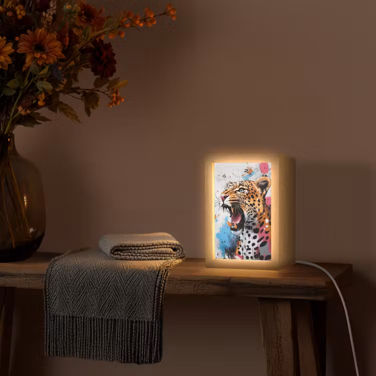 Abstract - Luipaard - Kleurrijk Light Box met kabel (Tafellamp) klein -sfeer4