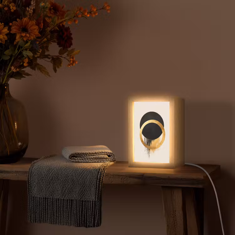 Abstract ontwerp - Zwarte cirkel - Verfvlekken Light Box met kabel (Tafellamp) klein -sfeer4