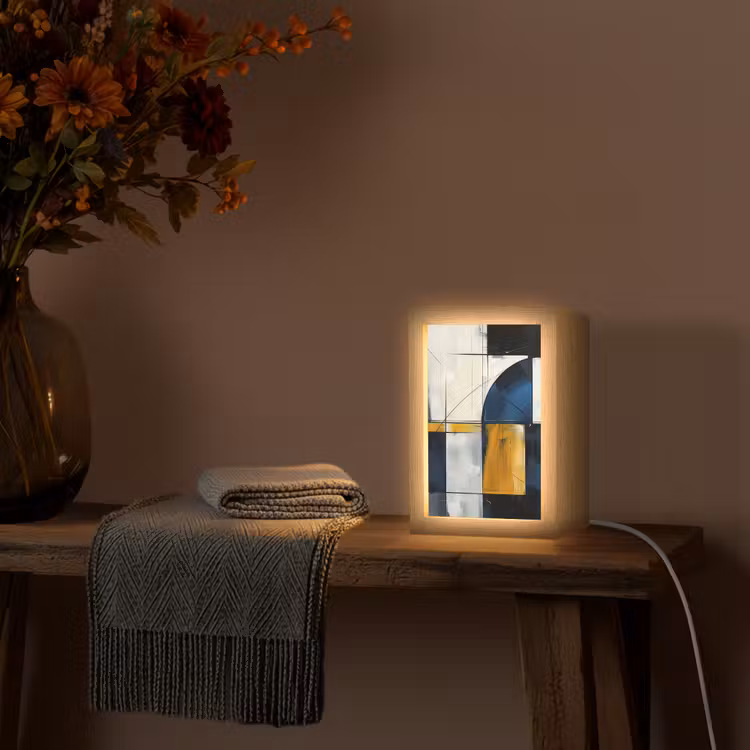 Abstract - Vormen - Goud - Blauw - Geometrisch Light Box met kabel (Tafellamp) klein -sfeer4