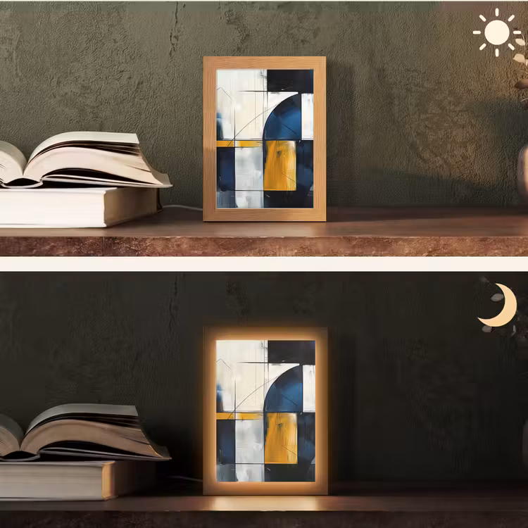 Abstract - Vormen - Goud - Blauw - Geometrisch Light Box met kabel (Tafellamp) klein -sfeer3